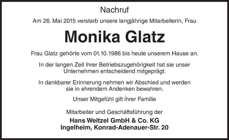  Traueranzeige für Monika Glatz vom 08.06.2015 aus  Bad Kreuznach