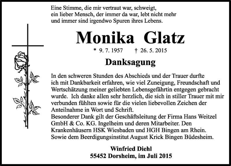  Traueranzeige für Monika Glatz vom 09.07.2015 aus  Ingelheim-Bingen