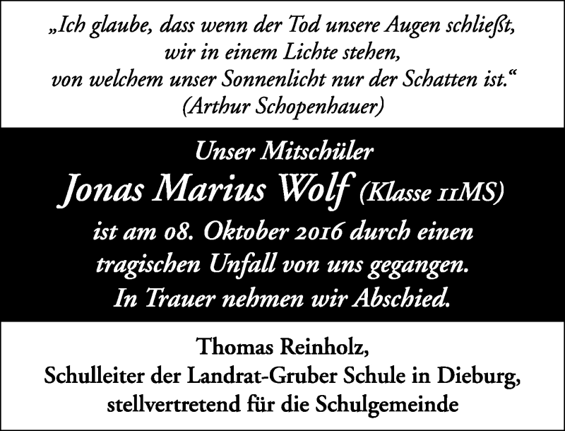  Traueranzeige für Jonas Marius  Wolf vom 15.10.2016 aus Trauerportal Echo Online