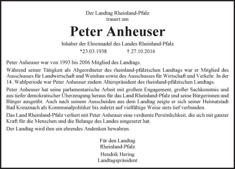  Traueranzeige für Peter Anheuser vom 05.11.2016 aus Trauerportal Rhein Main Presse