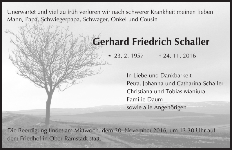  Traueranzeige für Gerhard Friedrich Schaller vom 29.11.2016 aus Trauerportal Echo Online