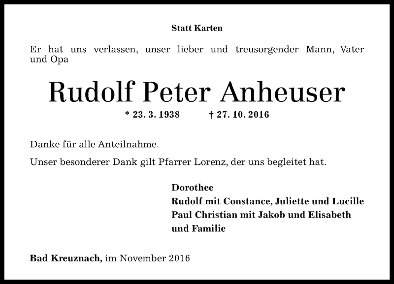  Traueranzeige für Peter Anheuser vom 05.11.2016 aus Trauerportal Rhein Main Presse