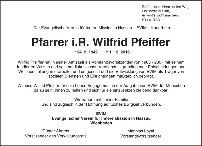  Traueranzeige für Wilfrid Pfeiffer vom 03.12.2016 aus Trauerportal Rhein Main Presse