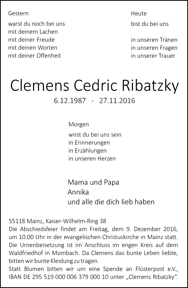  Traueranzeige für Clemens Cedric Ribatzky vom 03.12.2016 aus Trauerportal Rhein Main Presse