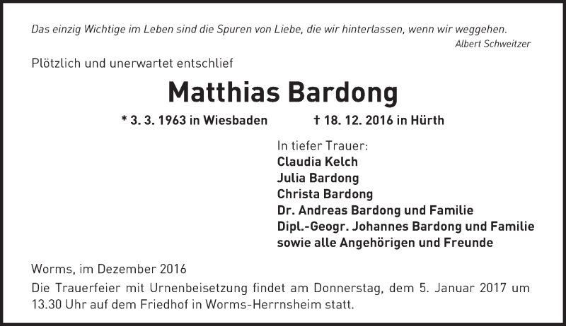  Traueranzeige für Matthias Bardong vom 29.12.2016 aus Trauerportal Rhein Main Presse
