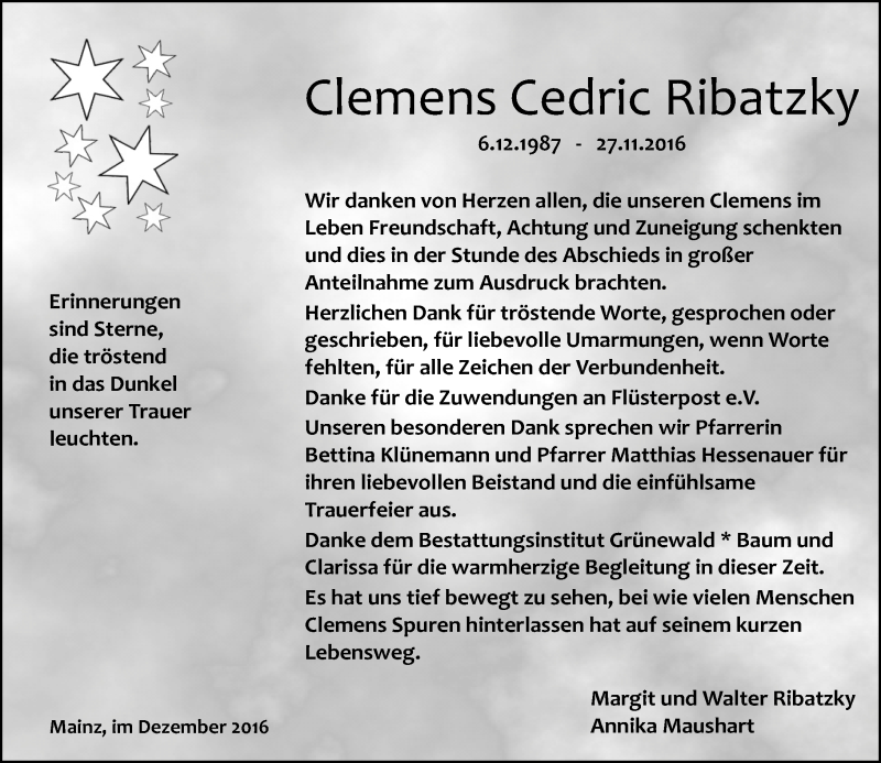  Traueranzeige für Clemens Cedric Ribatzky vom 31.12.2016 aus Trauerportal Rhein Main Presse