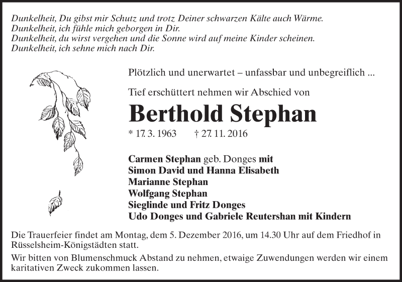  Traueranzeige für Berthold Stephan vom 03.12.2016 aus Trauerportal Rhein Main Presse