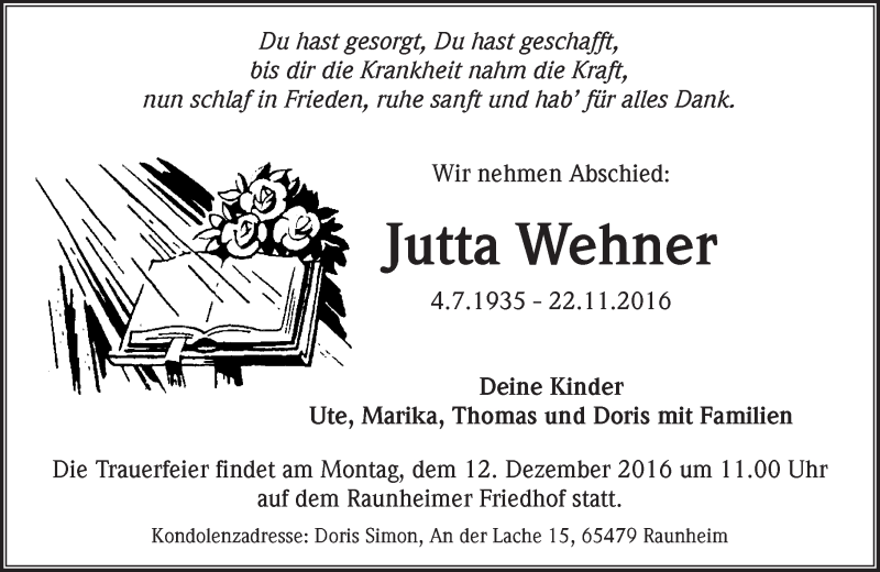  Traueranzeige für Jutta Wehner vom 03.12.2016 aus Trauerportal Rhein Main Presse