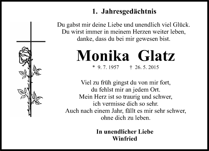  Traueranzeige für Monika Glatz vom 25.05.2016 aus  Allgemeine  Zeitung Ingelheim-Bingen