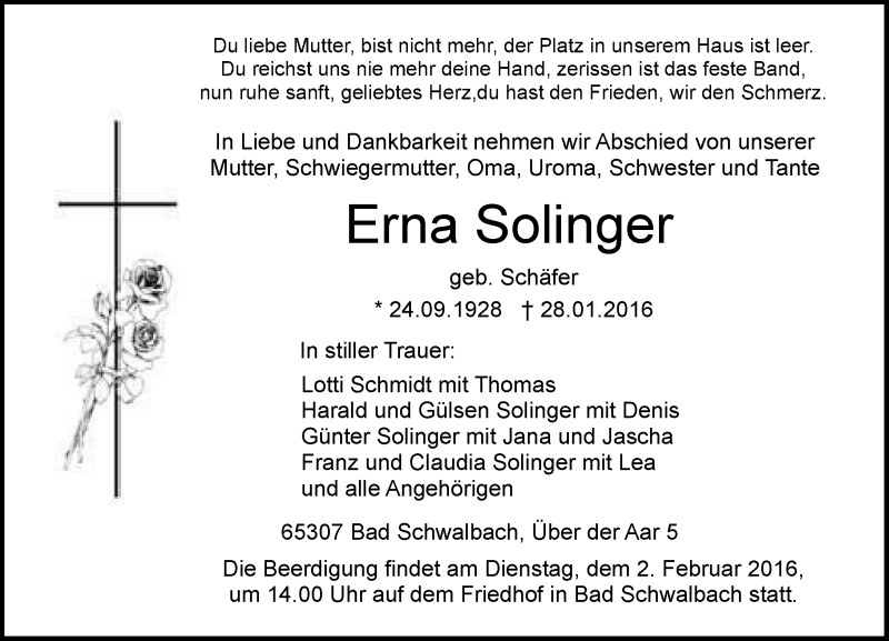  Traueranzeige für Erna Solinger vom 30.01.2016 aus  Wiesbaden komplett