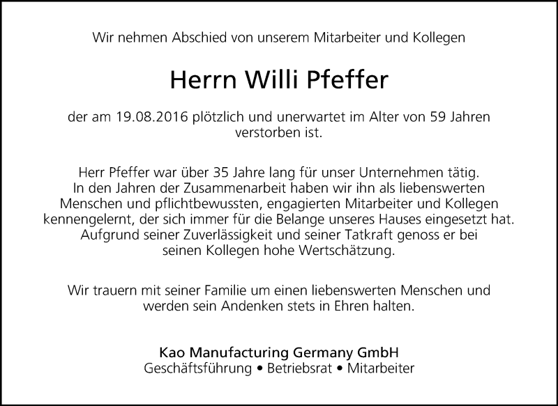  Traueranzeige für Willi Pfeffer vom 31.08.2016 aus Trauerportal Echo Online