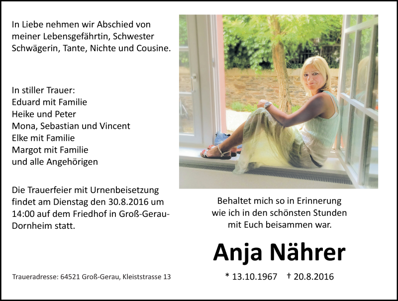  Traueranzeige für Anja Nährer vom 27.08.2016 aus Trauerportal Echo Online