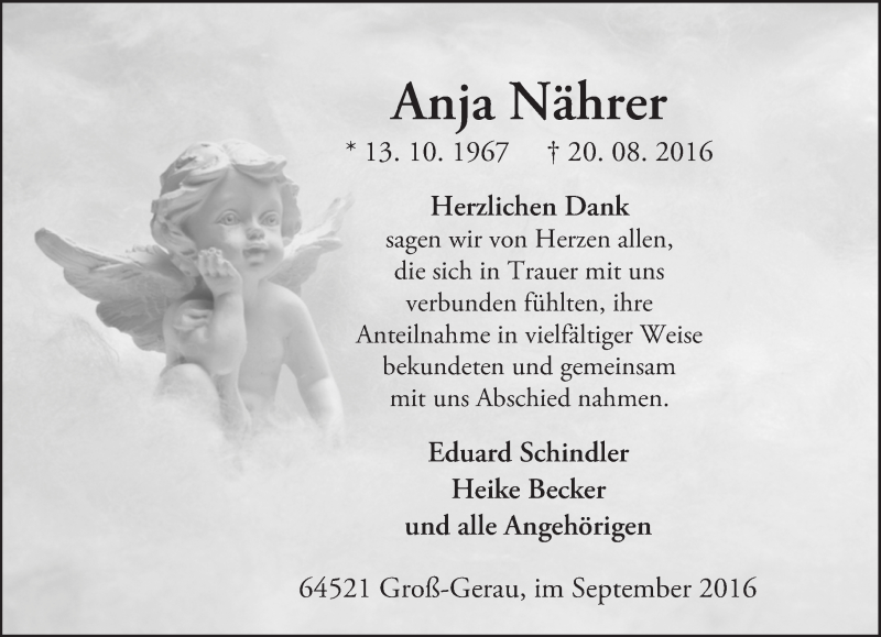  Traueranzeige für Anja Nährer vom 24.09.2016 aus Trauerportal Echo Online