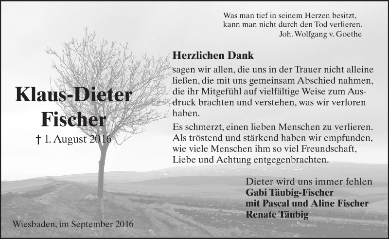  Traueranzeige für Klaus-Dieter Fischer vom 03.09.2016 aus Trauerportal Rhein Main Presse