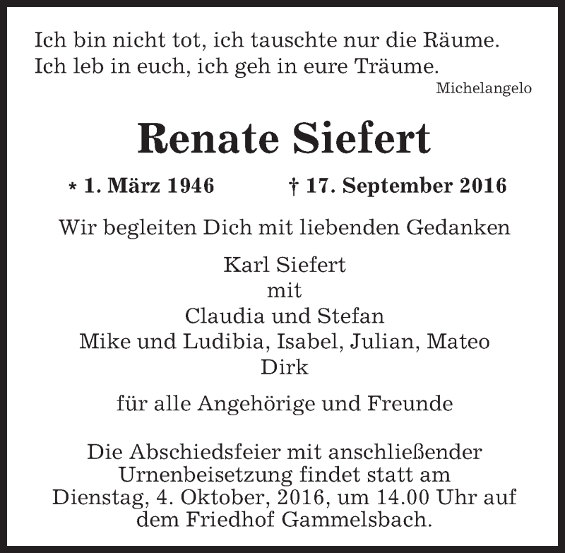  Traueranzeige für Renate Siefert vom 30.09.2016 aus Trauerportal Echo Online