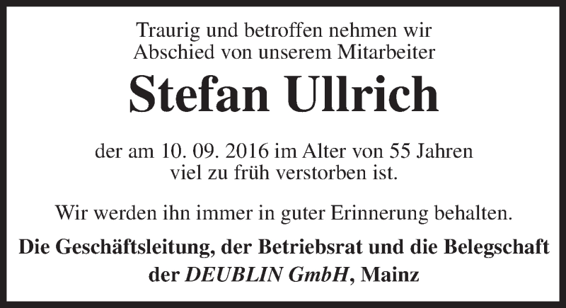  Traueranzeige für Stefan Ullrich vom 17.09.2016 aus Trauerportal Rhein Main Presse