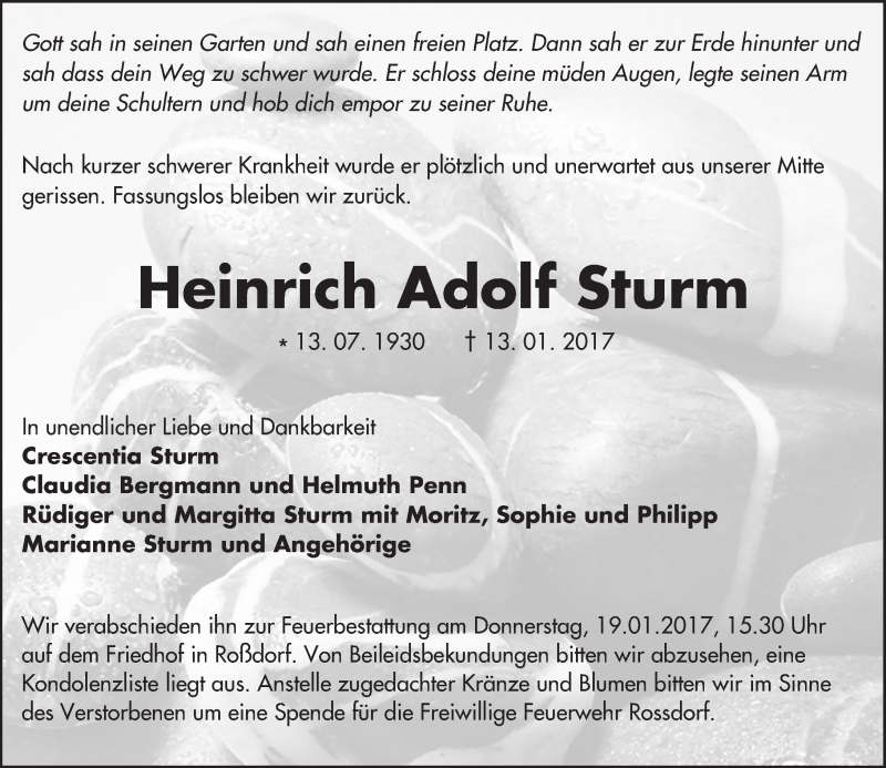  Traueranzeige für Heinrich Adolf Sturm vom 17.01.2017 aus Trauerportal Echo Online