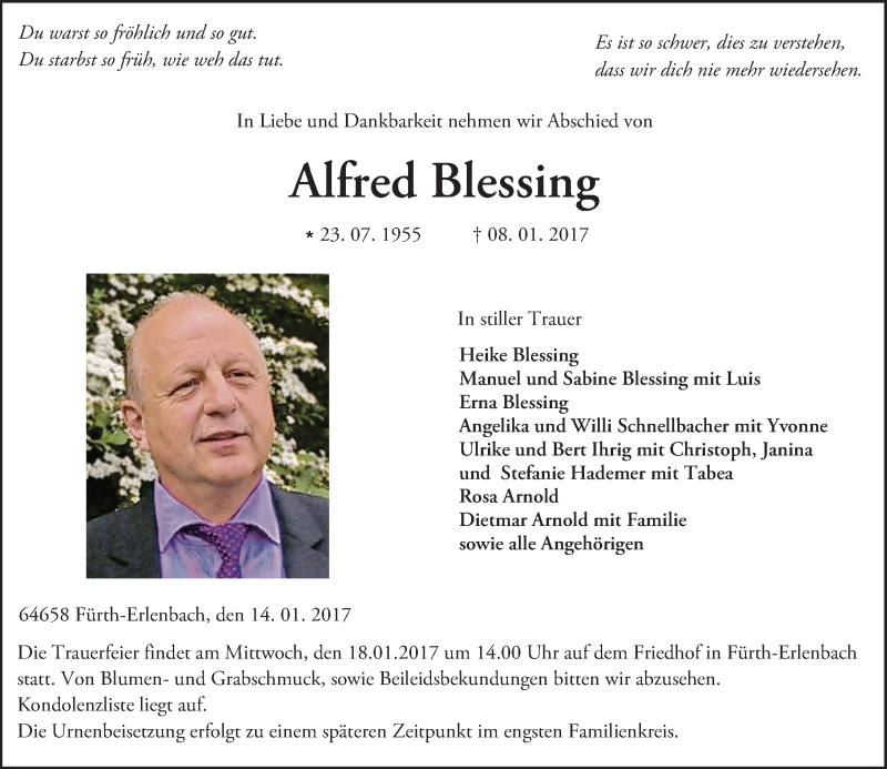  Traueranzeige für Alfred Blessing vom 14.01.2017 aus Trauerportal Echo Online
