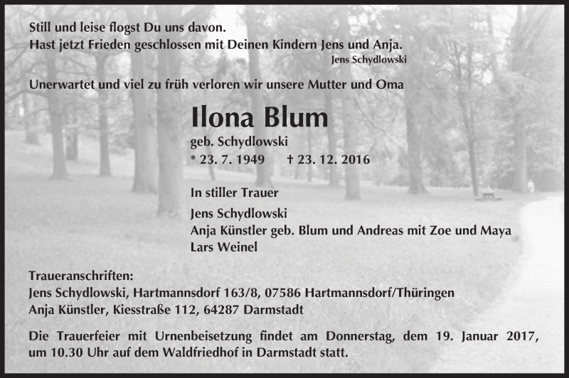  Traueranzeige für Ilona Blum vom 14.01.2017 aus Trauerportal Echo Online