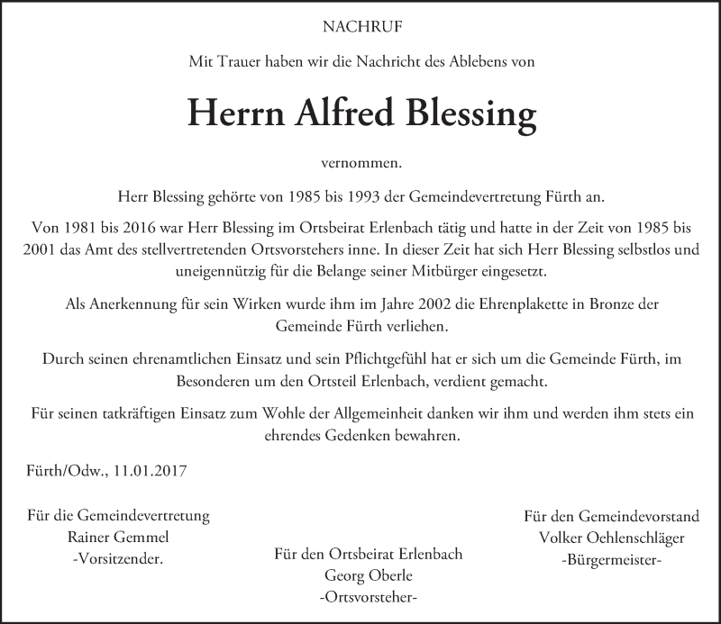  Traueranzeige für Alfred Blessing vom 16.01.2017 aus Trauerportal Echo Online