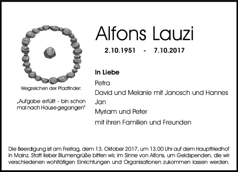  Traueranzeige für Alfons Lauzi vom 11.10.2017 aus Trauerportal Rhein Main Presse