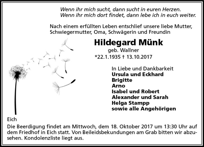  Traueranzeige für Hildegard Münk vom 16.10.2017 aus Trauerportal Rhein Main Presse