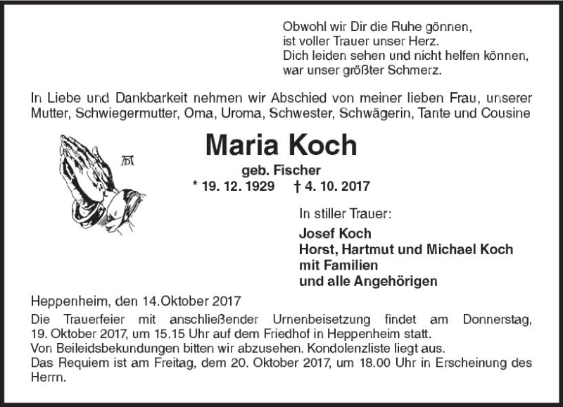  Traueranzeige für Maria Koch vom 14.10.2017 aus Trauerportal Echo Online