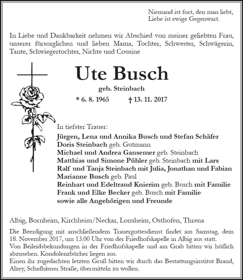  Traueranzeige für Ute Busch vom 16.11.2017 aus Trauerportal Rhein Main Presse