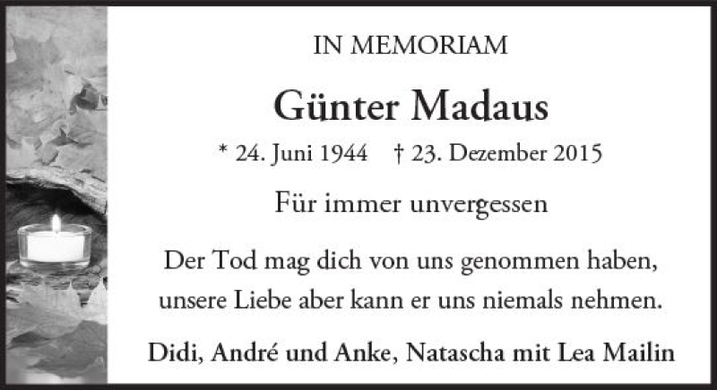  Traueranzeige für Günter Madaus vom 23.12.2017 aus Trauerportal Echo Online