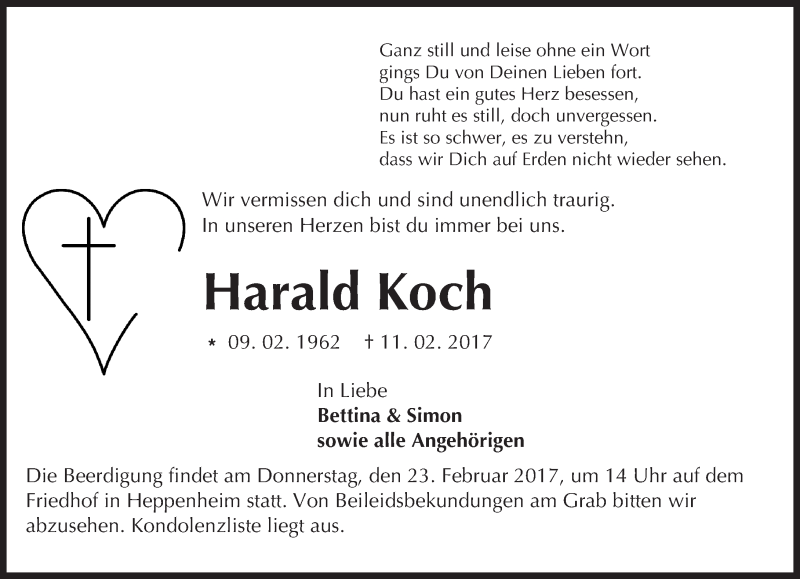  Traueranzeige für Harald Koch vom 18.02.2017 aus Trauerportal Echo Online