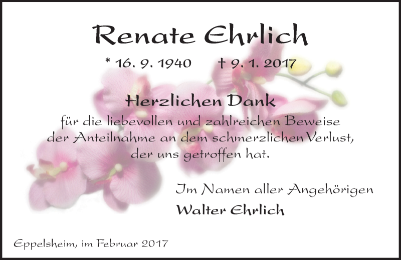  Traueranzeige für Renate Ehrlich vom 18.02.2017 aus Trauerportal Rhein Main Presse