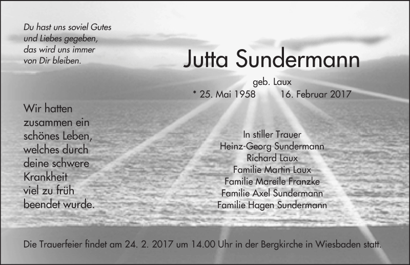  Traueranzeige für Jutta Sundermann vom 18.02.2017 aus Trauerportal Rhein Main Presse