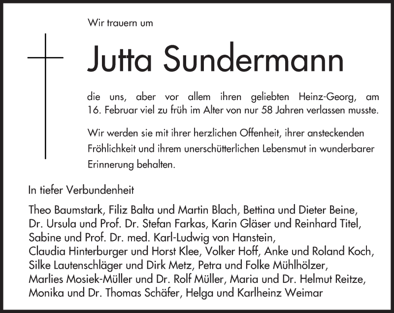  Traueranzeige für Jutta Sundermann vom 24.02.2017 aus Trauerportal Rhein Main Presse
