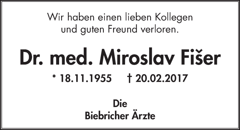  Traueranzeige für Miroslav Fiser vom 25.02.2017 aus Trauerportal Rhein Main Presse