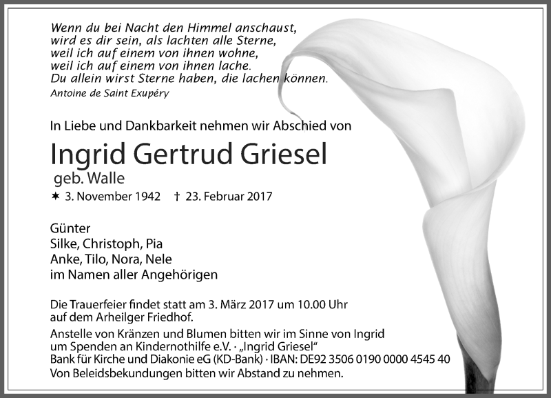 Traueranzeige für Ingrid Gertrud Griesel vom 25.02.2017 aus Trauerportal Echo Online