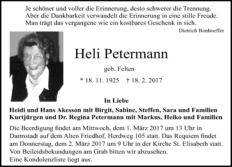  Traueranzeige für Heli Petermann vom 25.02.2017 aus Trauerportal Echo Online