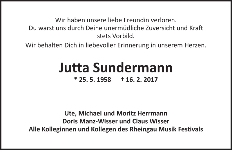  Traueranzeige für Jutta Sundermann vom 18.02.2017 aus Trauerportal Rhein Main Presse