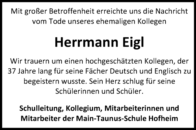  Traueranzeige für Herrmann Eigl vom 03.02.2017 aus Trauerportal Rhein Main Presse