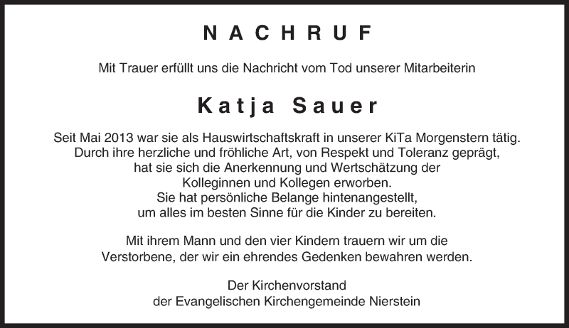  Traueranzeige für Katja Sauer vom 22.03.2017 aus Trauerportal Rhein Main Presse