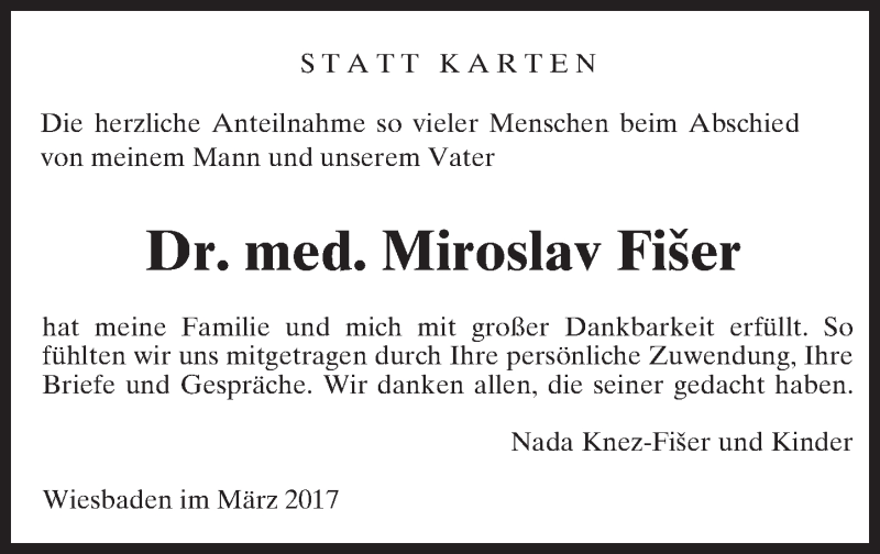  Traueranzeige für Miroslav Fiser vom 11.03.2017 aus Trauerportal Rhein Main Presse