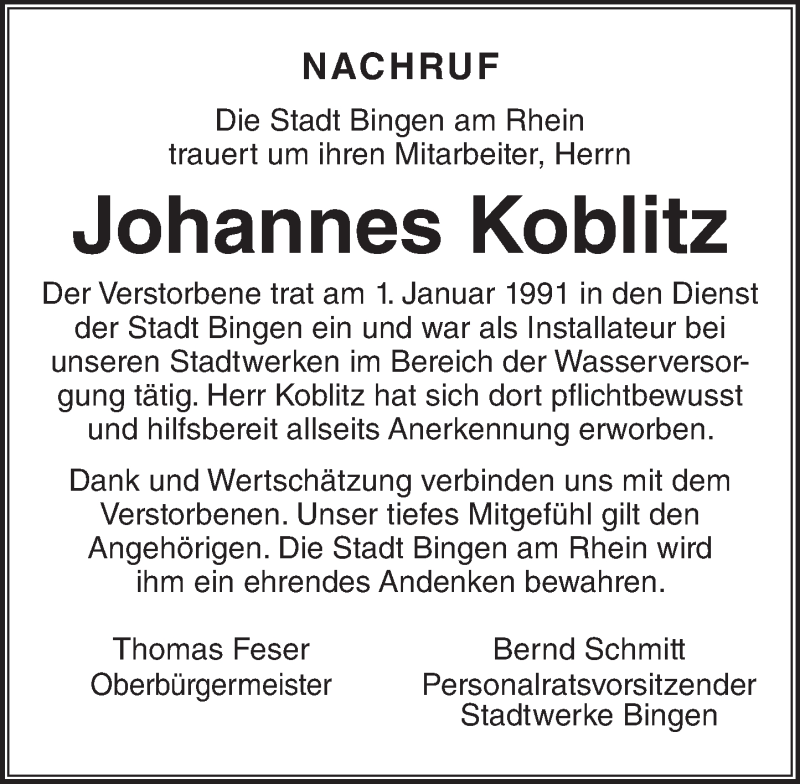  Traueranzeige für Johannes Koblitz vom 18.03.2017 aus Trauerportal Rhein Main Presse