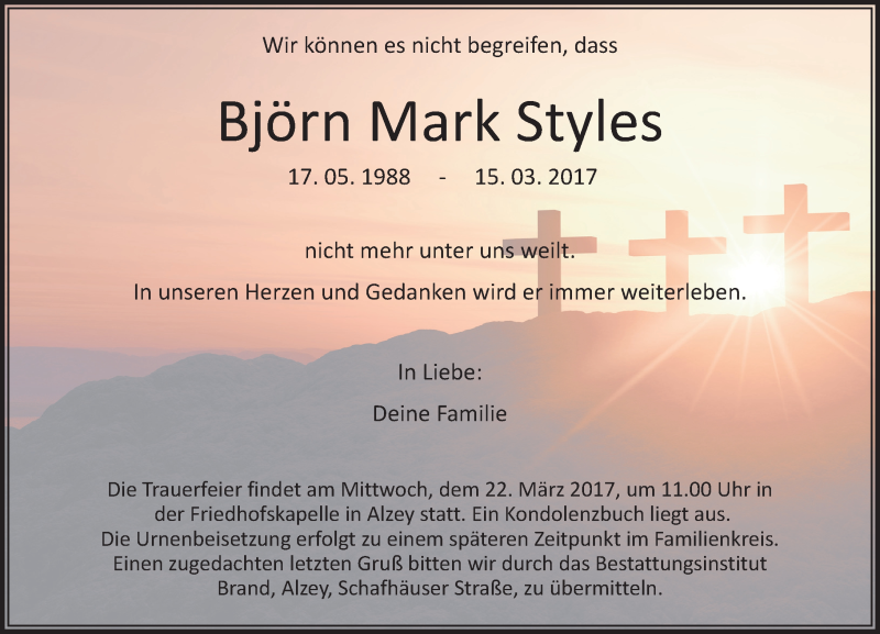  Traueranzeige für Björn Mark Styles vom 18.03.2017 aus Trauerportal Rhein Main Presse