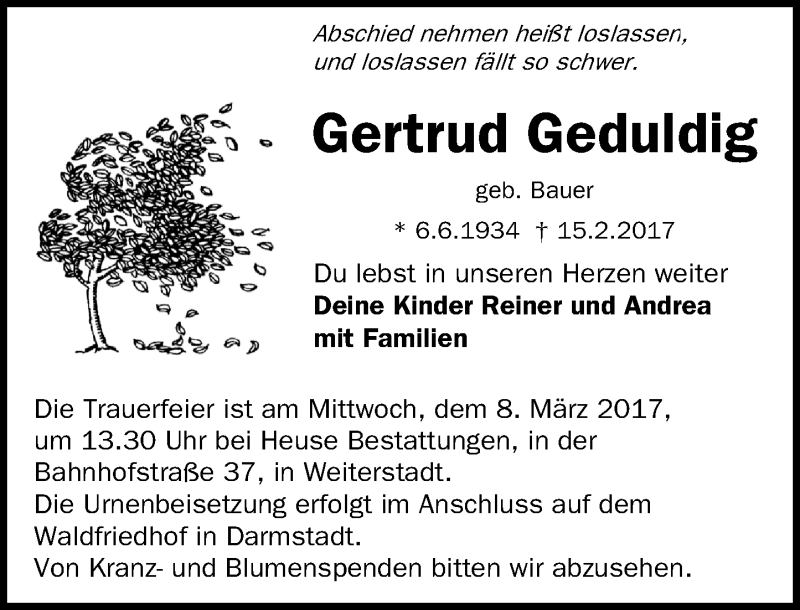  Traueranzeige für Gertrud Geduldig vom 04.03.2017 aus Trauerportal Echo Online