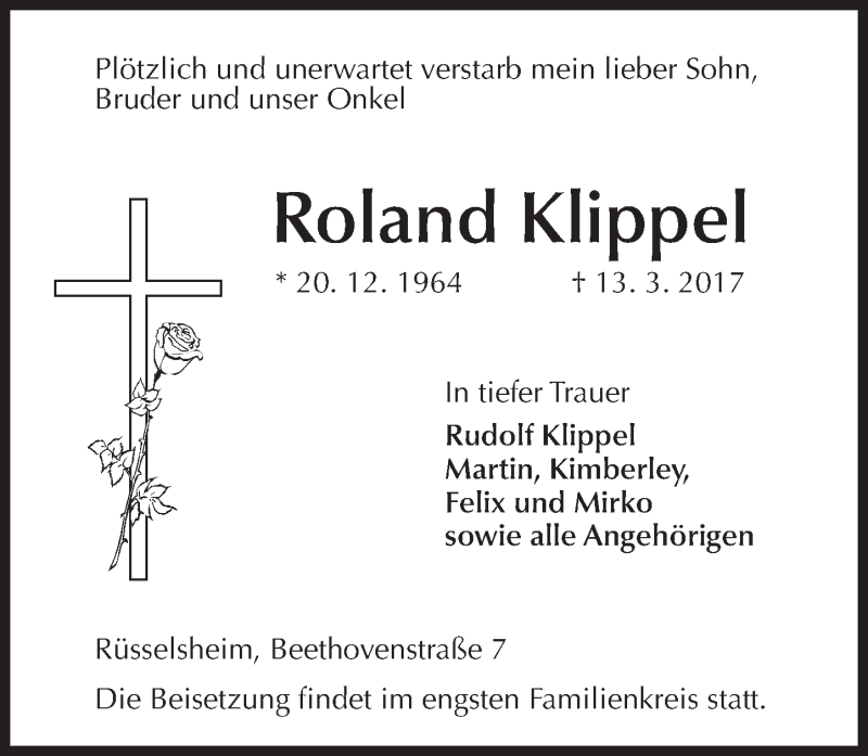 Traueranzeige für Roland Klippel vom 18.03.2017 aus Trauerportal Rhein Main Presse
