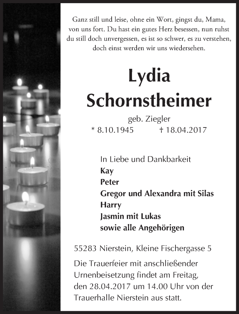  Traueranzeige für Lydia Schornstheimer vom 27.04.2017 aus Trauerportal Rhein Main Presse