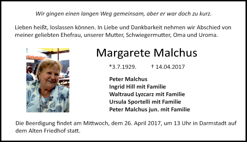  Traueranzeige für Margarete Malchus vom 22.04.2017 aus Trauerportal Echo Online