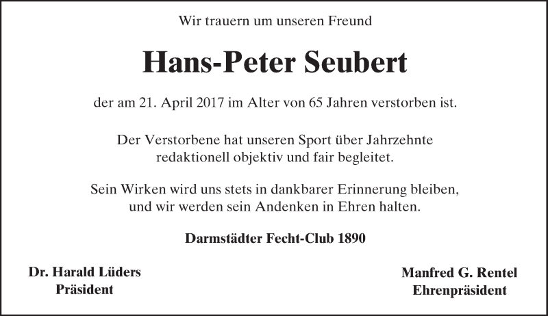  Traueranzeige für Hans-Peter Seubert vom 26.04.2017 aus Trauerportal Echo Online