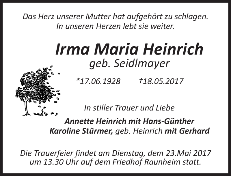  Traueranzeige für Irma Maria Heinrich vom 20.05.2017 aus Trauerportal Rhein Main Presse