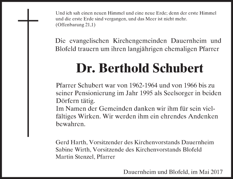  Traueranzeige für Berthold Schubert vom 20.05.2017 aus  Kreisanzeiger