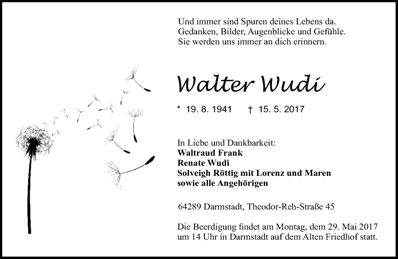  Traueranzeige für Walter Wudi vom 20.05.2017 aus Trauerportal Echo Online